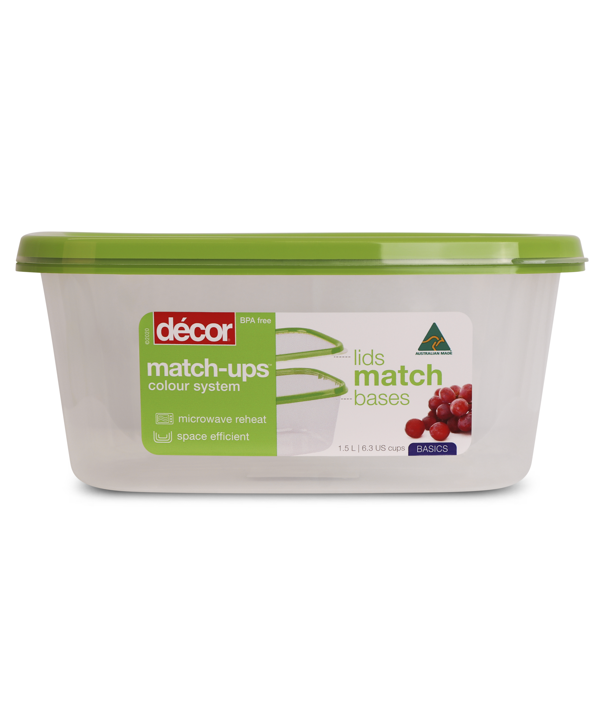 Basics Food Container, Oblong, Green, 1.5L