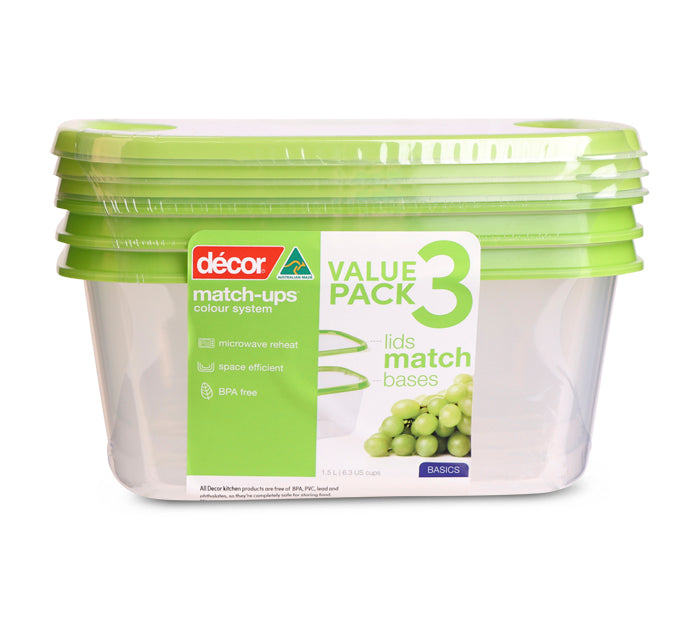 Basics Food Container Oblong, Green, 1.5L, 3pk