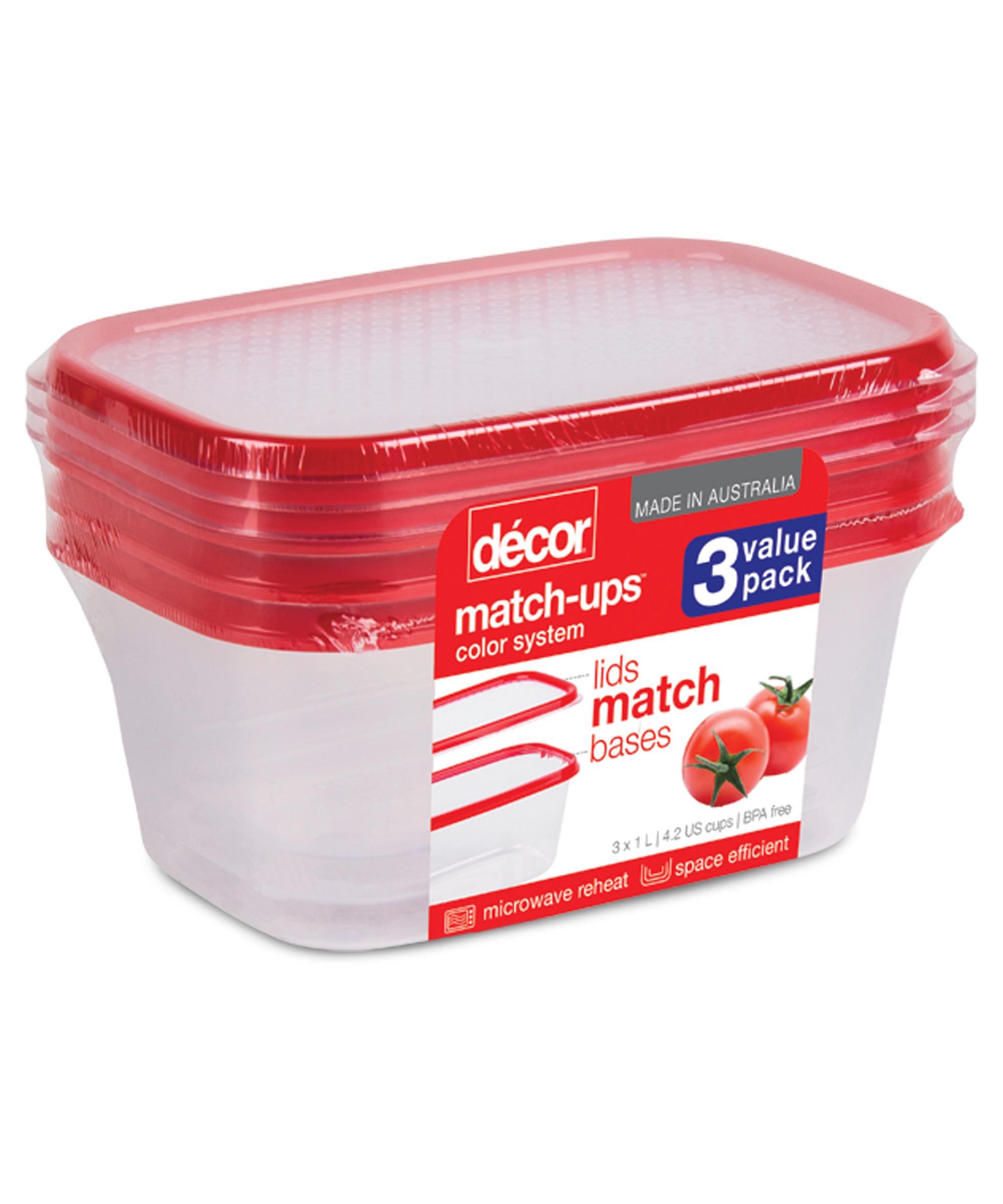 Basics Food Container Oblong, Red, 1L, 3pk