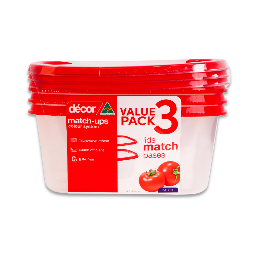 Basics Food Container Oblong, Red, 1L, 3pk