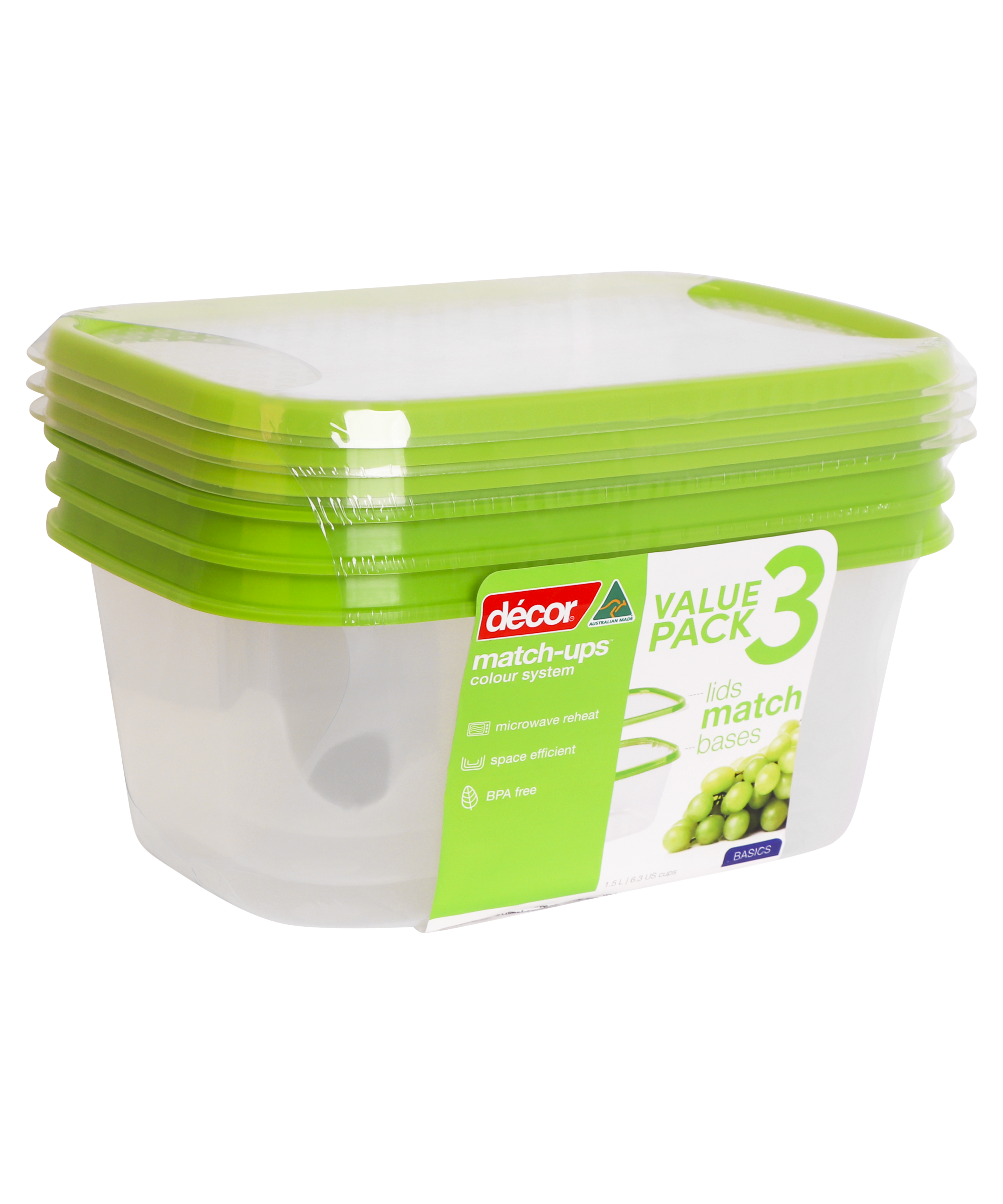 Basics Food Container Oblong, Green, 1.5L, 3pk