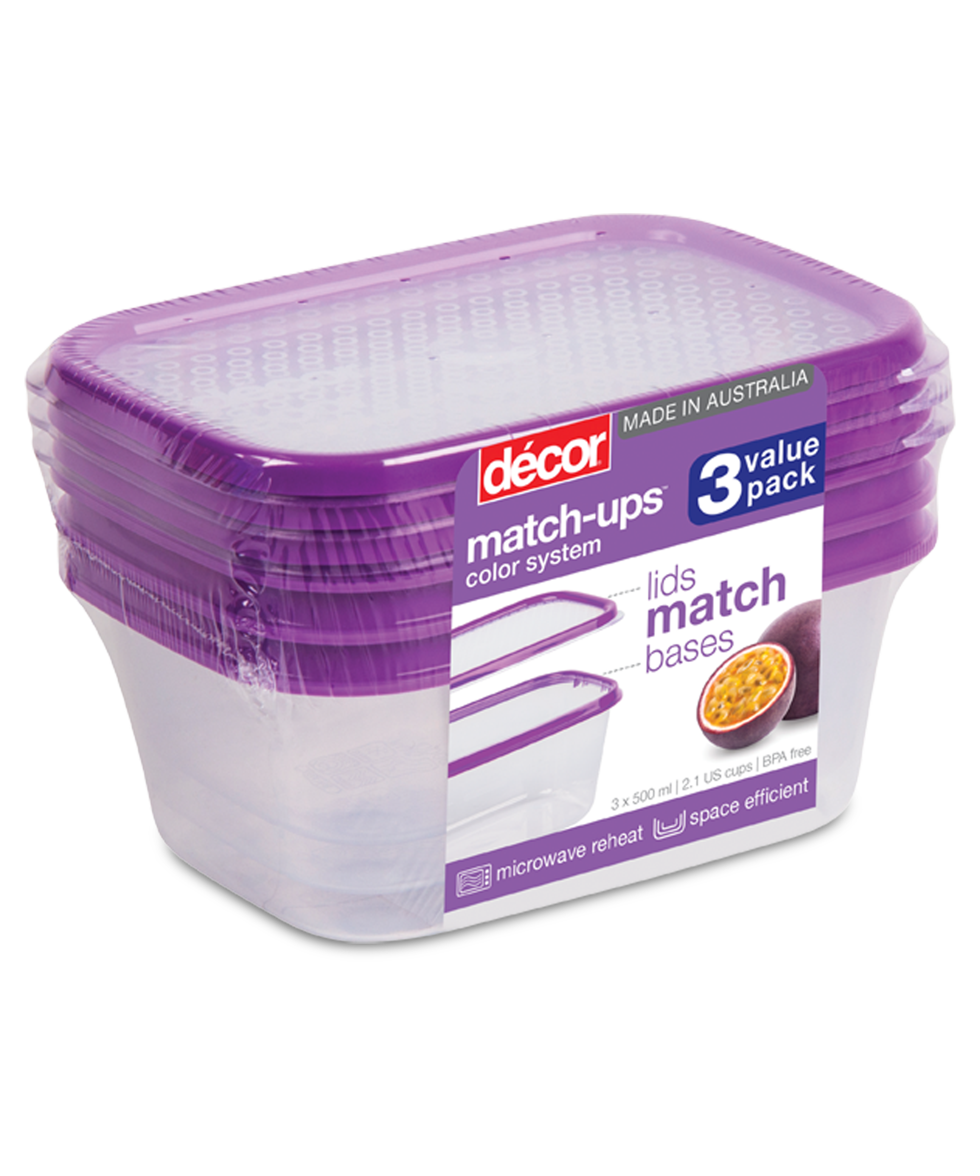 Basics Food Container Oblong, Purple, 500ml, 3pk