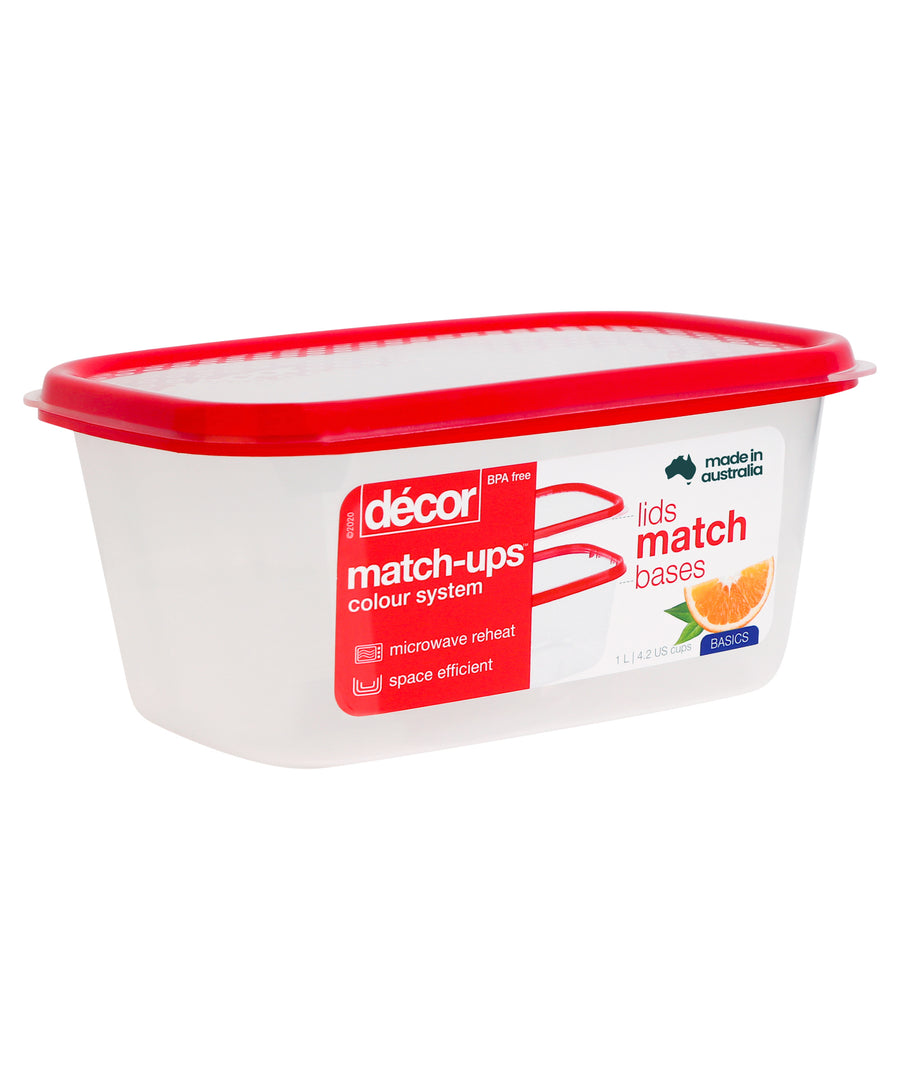 Basics Food Container, Oblong, Red, 1L