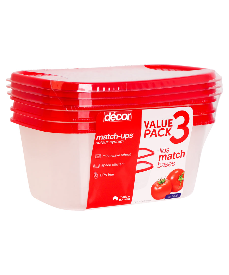 Basics Food Container Oblong, Red, 1L, 3pk