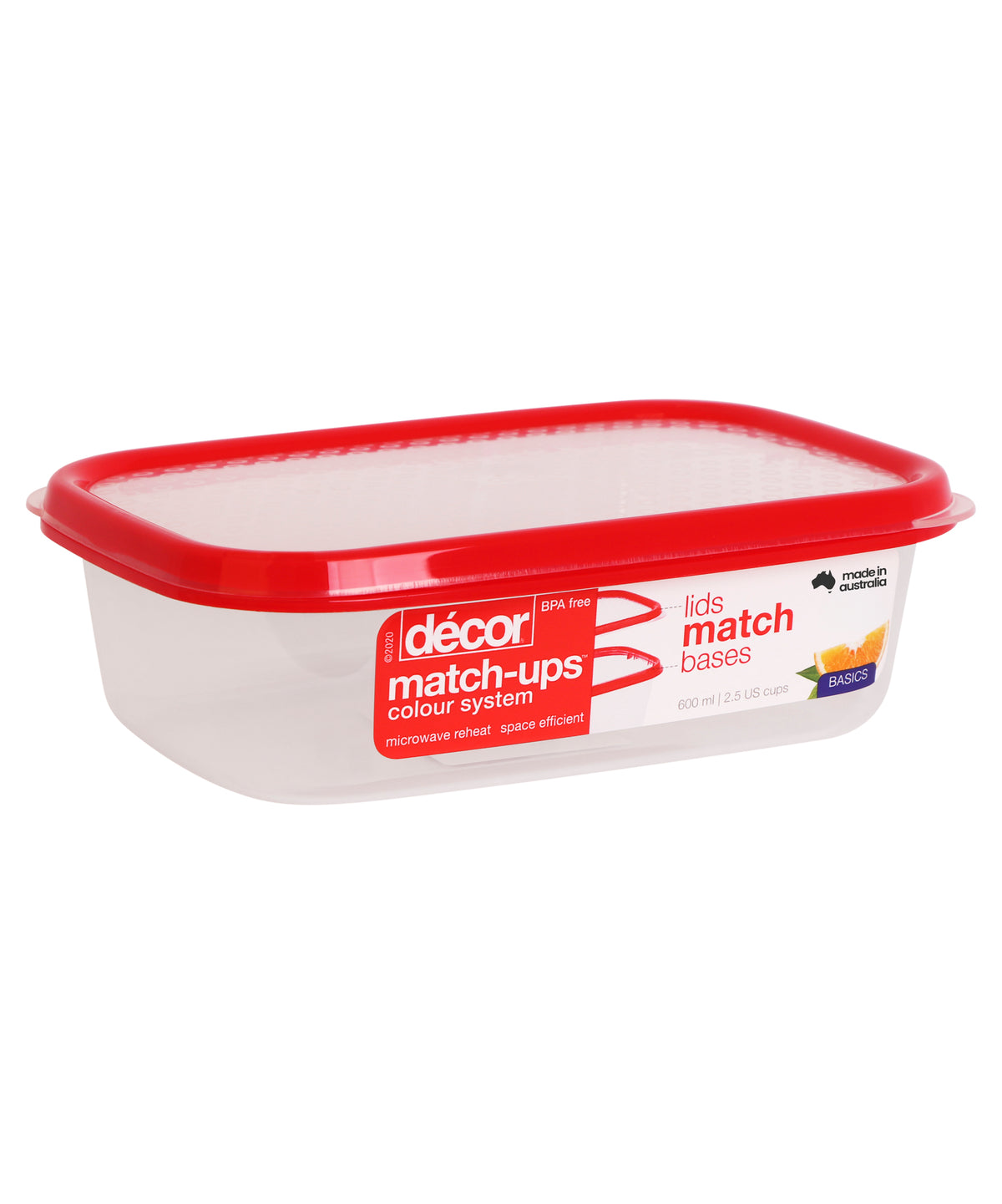Basics Food Container, Oblong, Red, 600ml