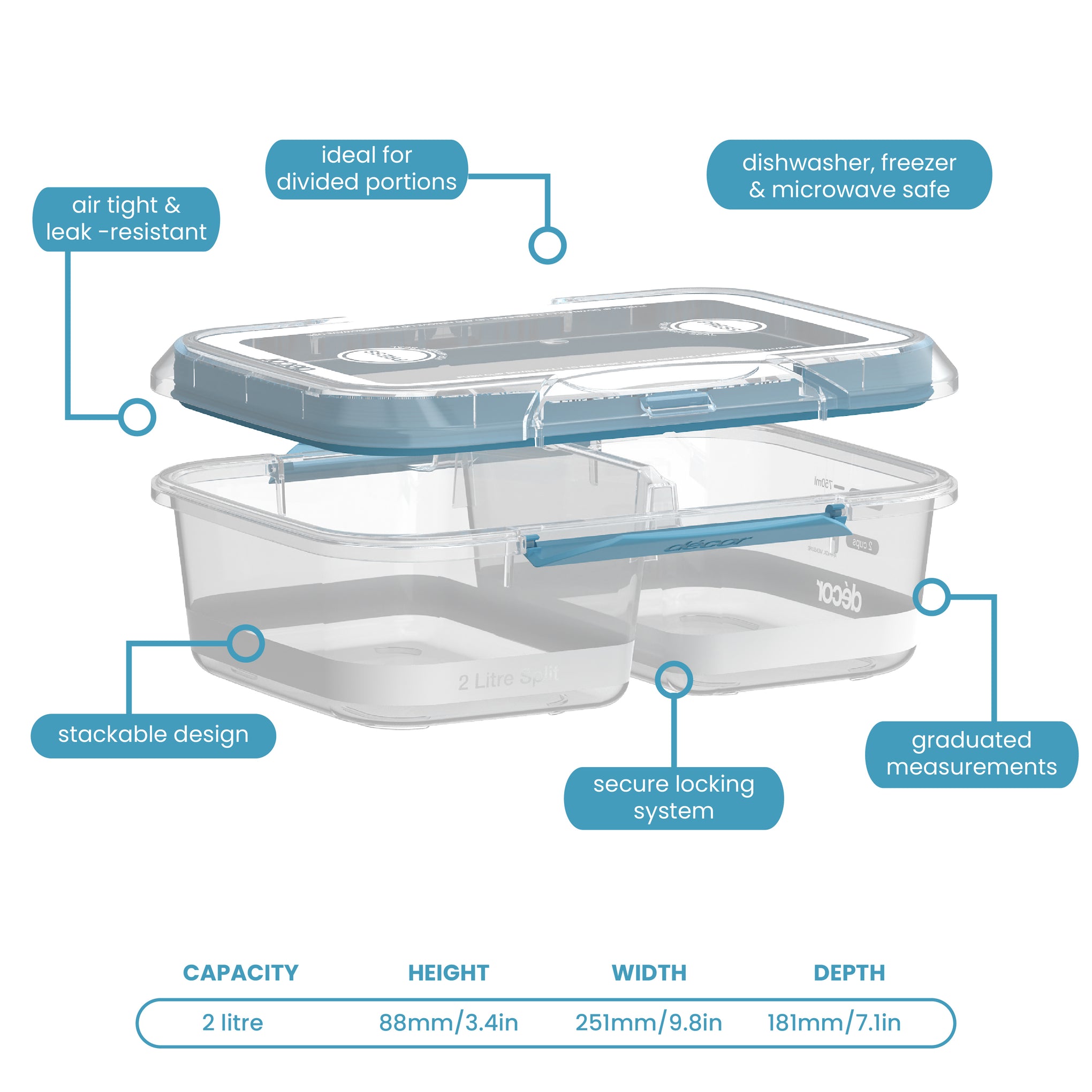 Food Containers, Split, Oblong, 2L
