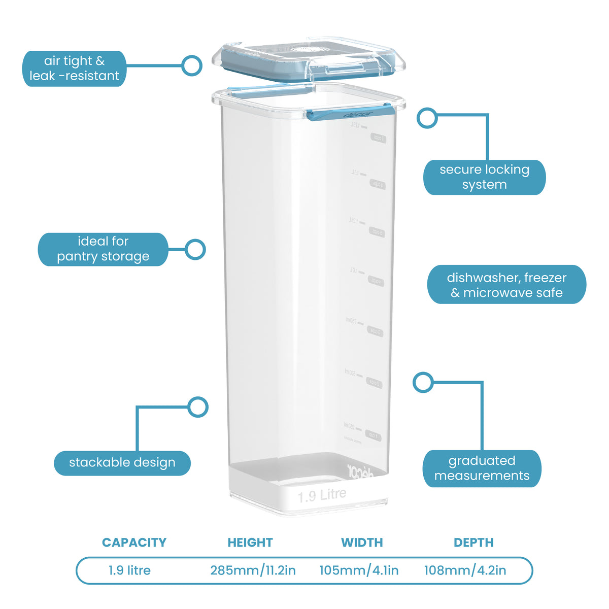 Food Containers, Tall, Square, 1.9L