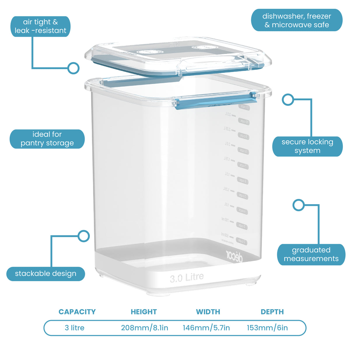 Food Containers, Tall, Square, 3L