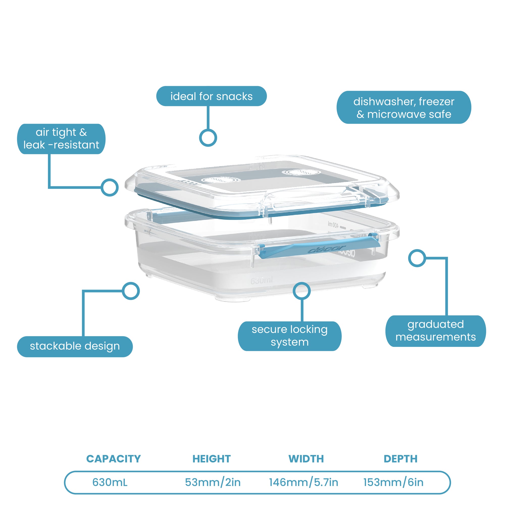 Food Containers, Square, 630ml