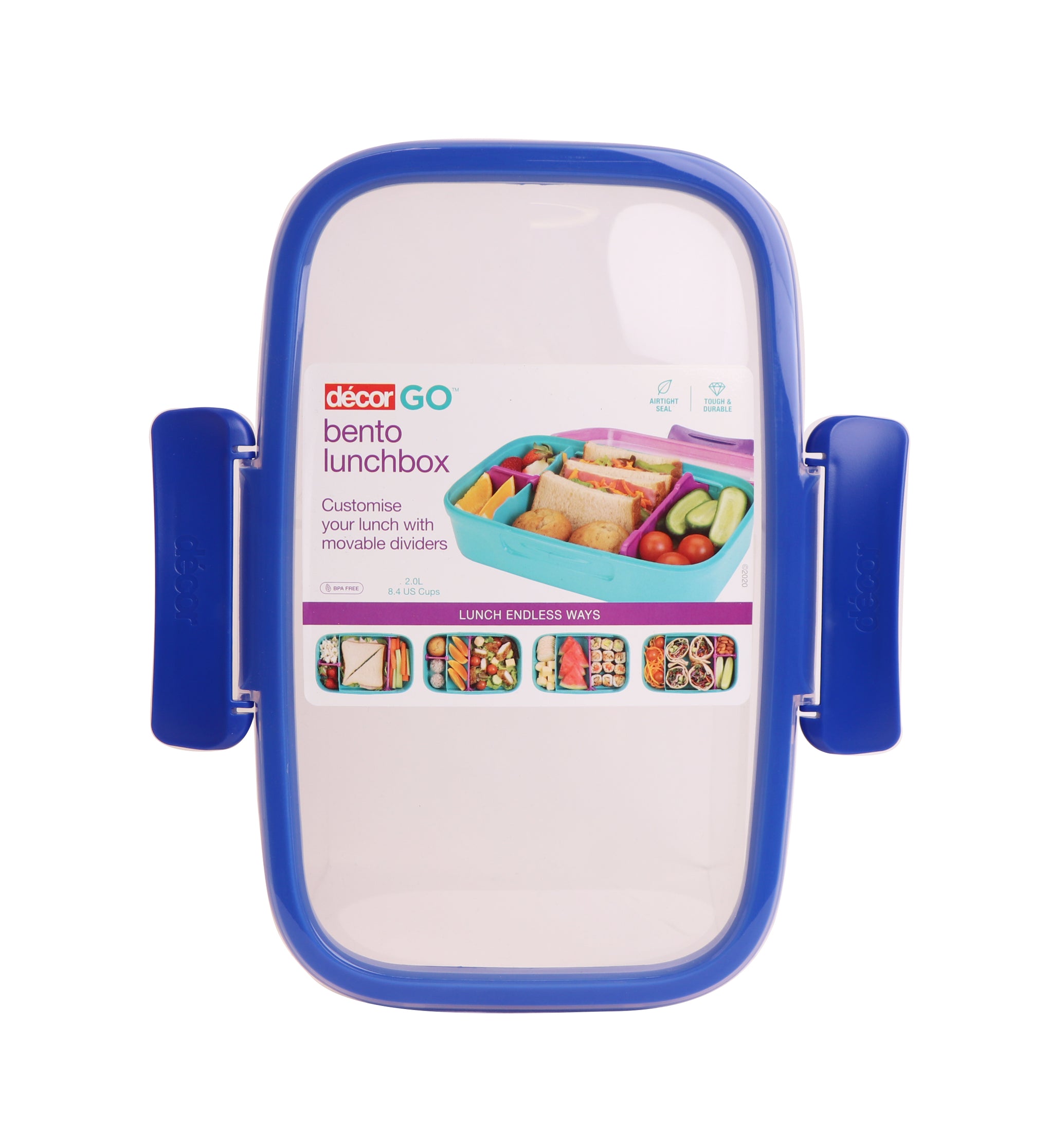 Bento Lunch Box Lid & Clips, Blue, 2L