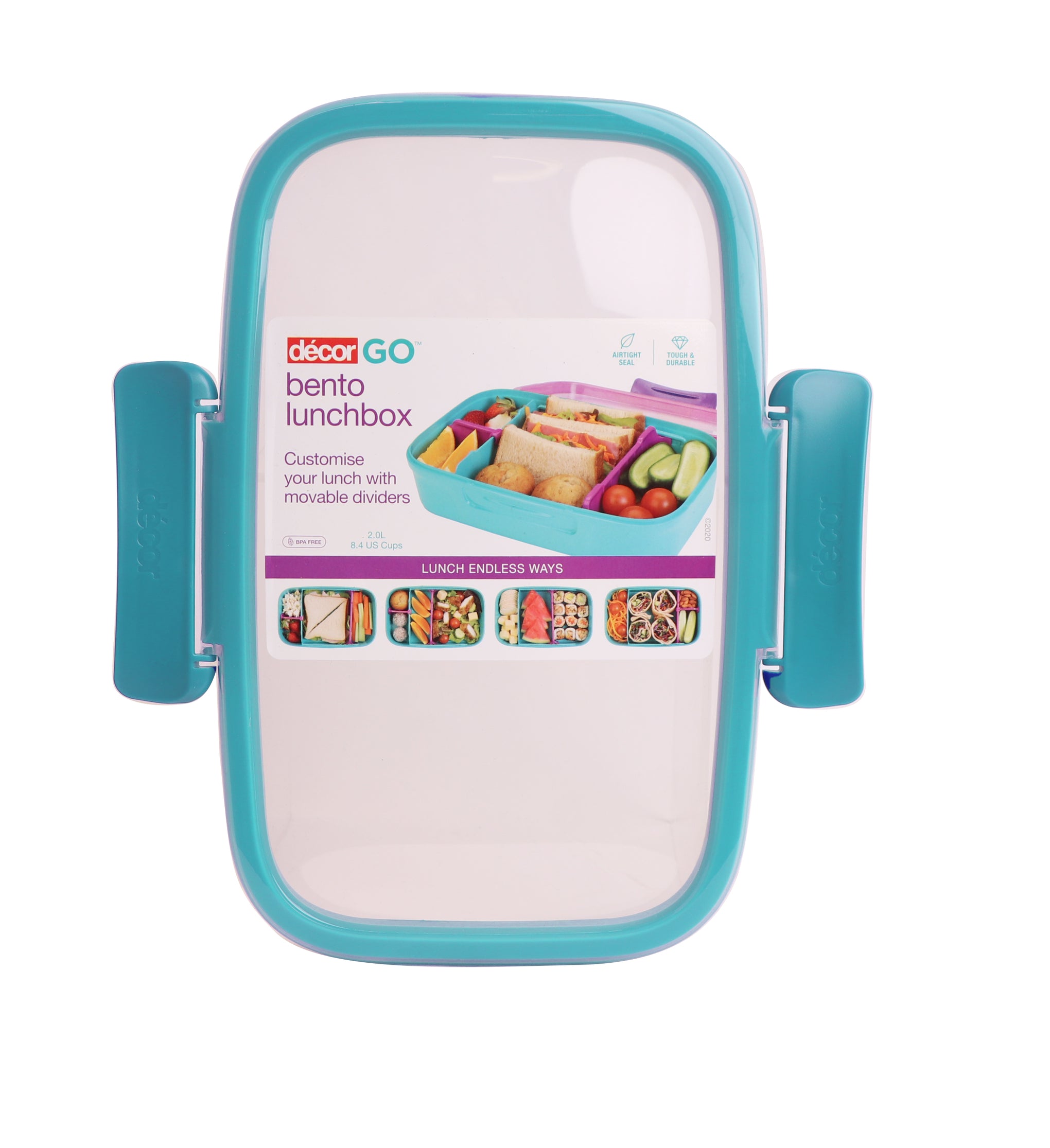 Bento Lunch Box Lid & Clips, Teal, 2L