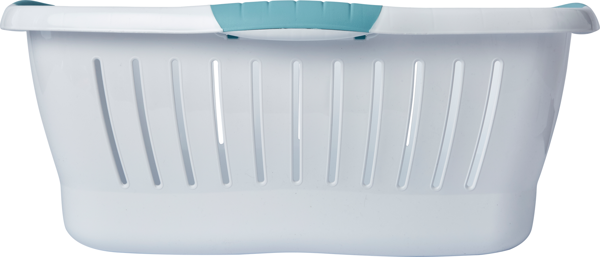 White plastic laundry basket with teal coloured handles