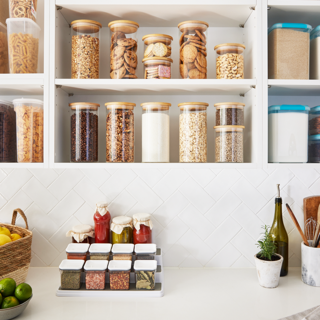 Bamoo lid glass containers by Decor in a neat and beautiful kitchen pantry
